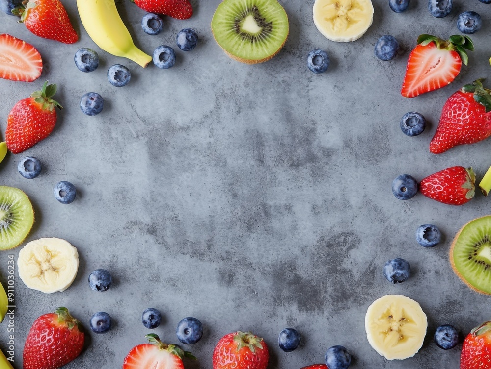Poster kiwi with strawberries and banana with blueberries on concrete desk with empty space in the center t