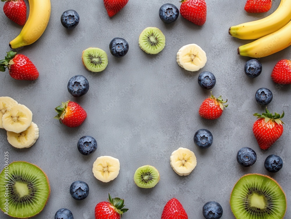 Poster kiwi with strawberries and banana with blueberries on concrete desk with empty space in the center t