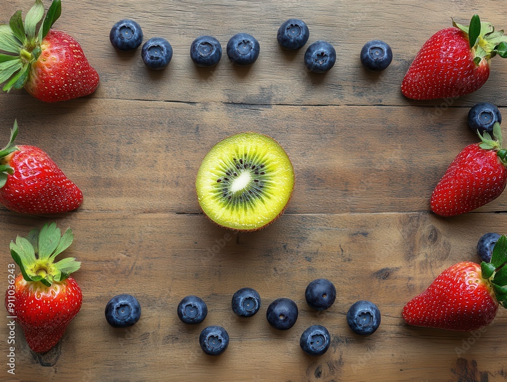 Poster kiwi with strawberries and banana with blueberries on wood desk with empty space in the center top v