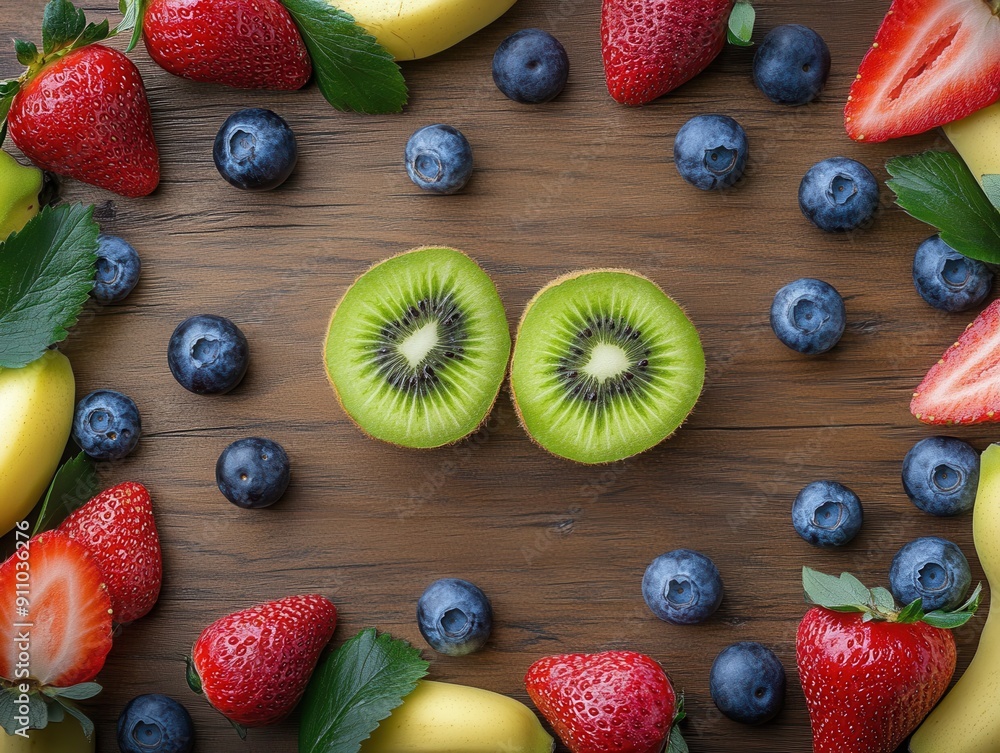Poster kiwi with strawberries and banana with blueberries on wood desk with empty space in the center top v
