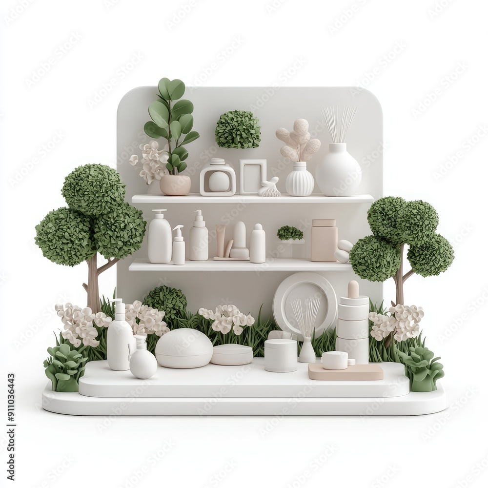 Poster clean and modern 3d isometric store interior with floating shelves and minimal decor on white backgr