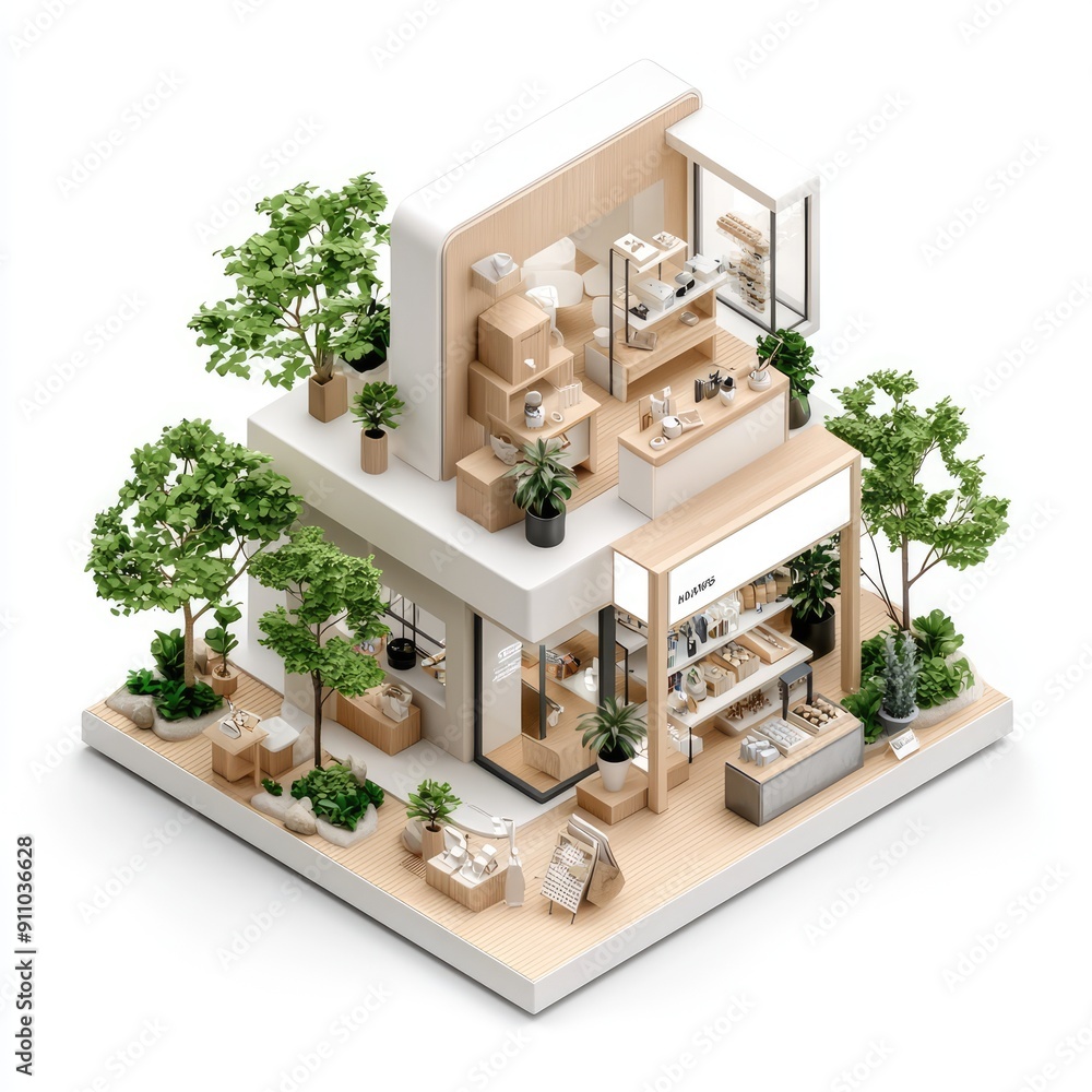 Poster modern isometric store interior design with spacious minimal space | 32k 3d rendering on white backg