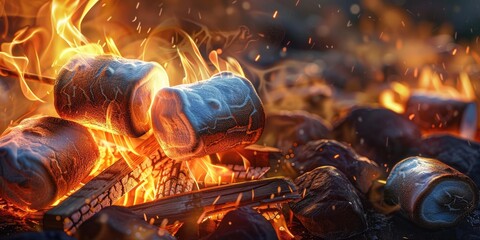 Marshmallows roasting over a campfire.