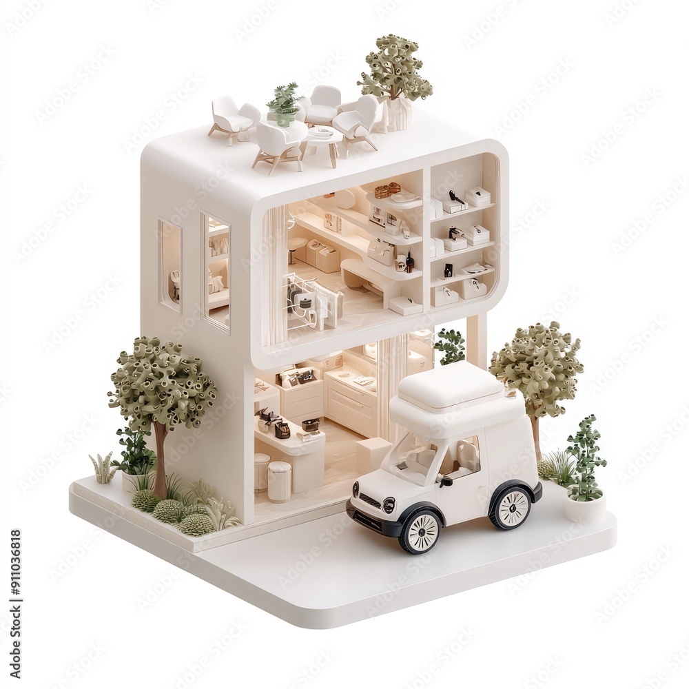 Poster modern open-concept store with geometric furnishings in minimalist interior design, 3d render isomet