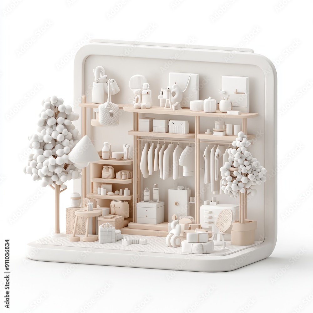 Aufkleber modern open-concept store with geometric furnishings in minimalist interior design, 3d isometric ren