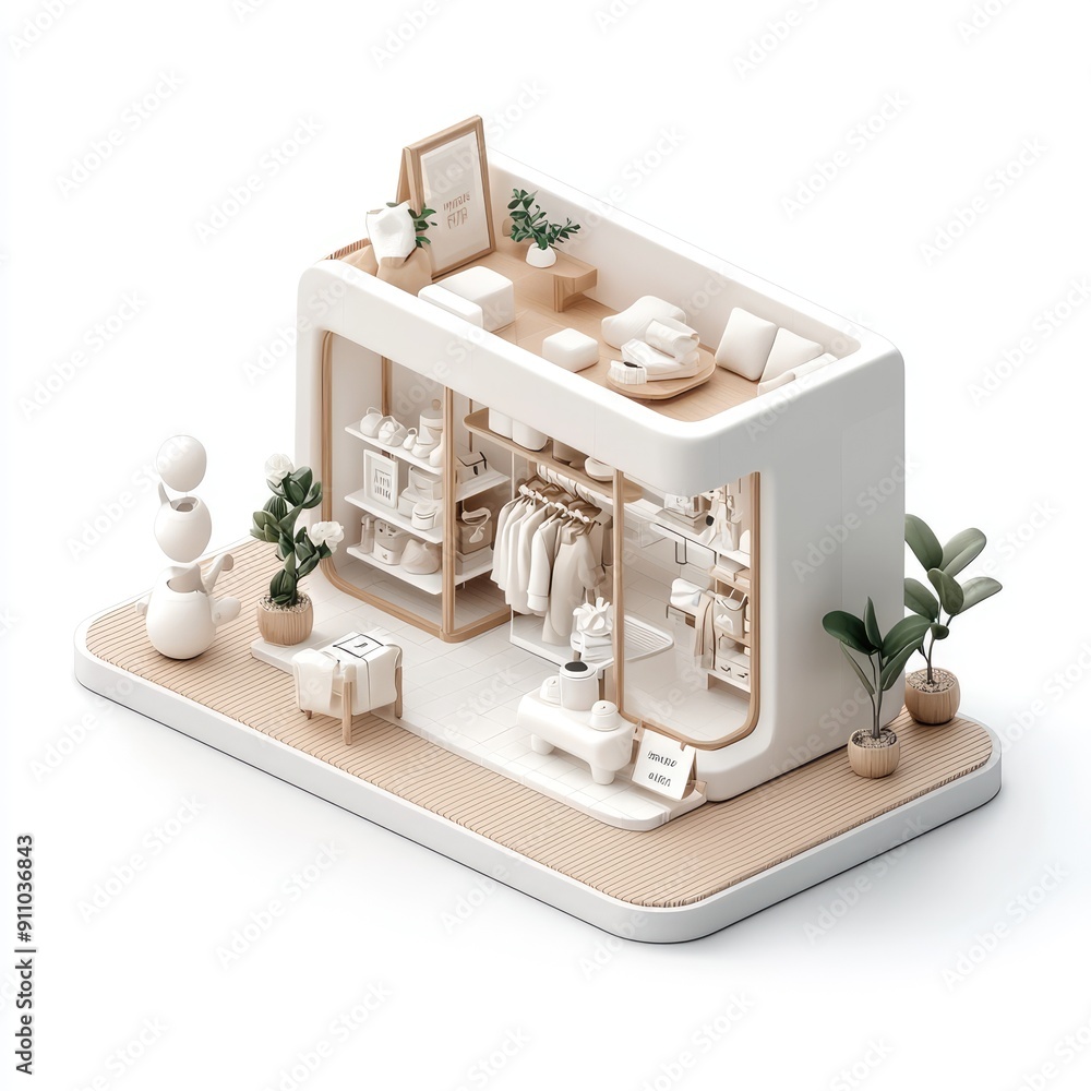 Poster sleek isometric 3d rendering of minimalistic modern store interior design on white background in 32k