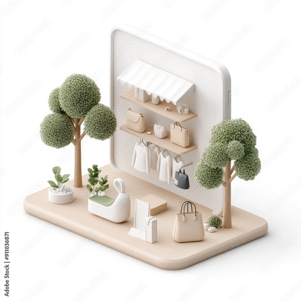 Aufkleber minimalistic isometric 3d rendering of modern store interior with sharpened detail in 32k resolution