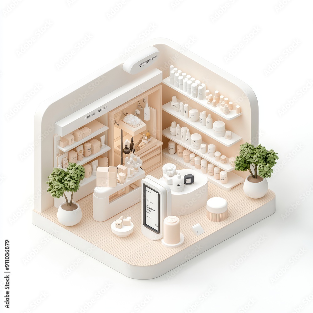 Aufkleber modern white store interior in 3d isometric view with minimalist design and open layout, architectur