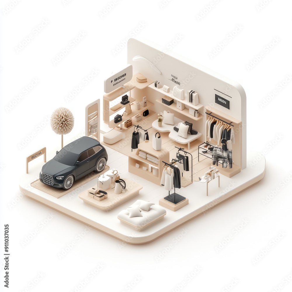 Aufkleber futuristic modern store interior in isometric view with sleek design and open space, 3d architectura