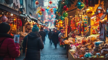 Obraz premium A festive street market with colorful decorations and bustling activity.