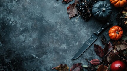 Halloween background top view with scary pumkins , leaves, decor on dark concrete backgound. Flat lay. Template. Copy space
