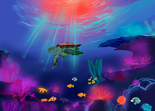 Illustration of sea turtle and colorful fish swimming near coral reef