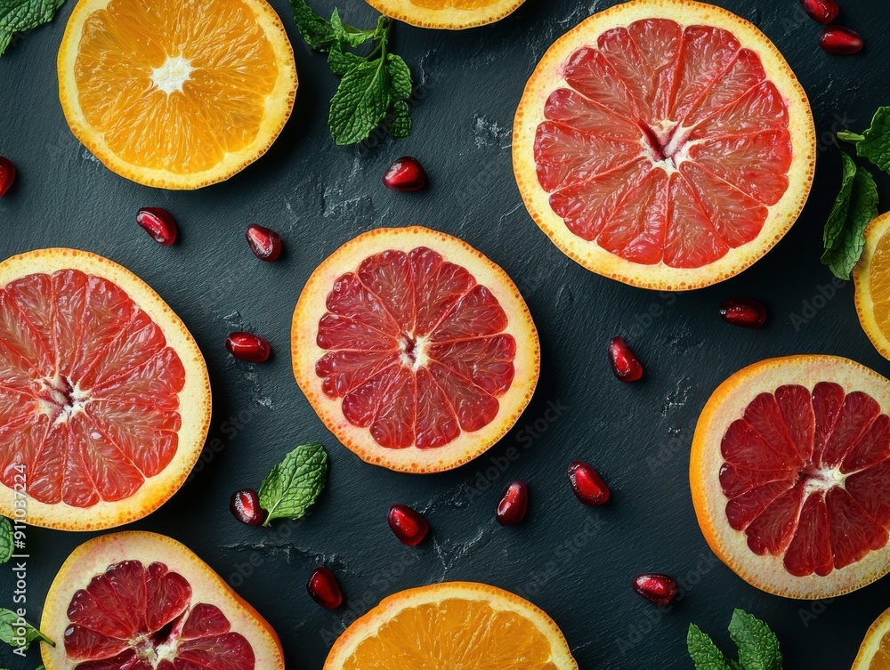 Poster orange slices with pomegranate seeds and grapefruit with mint on black stone desk with empty space i
