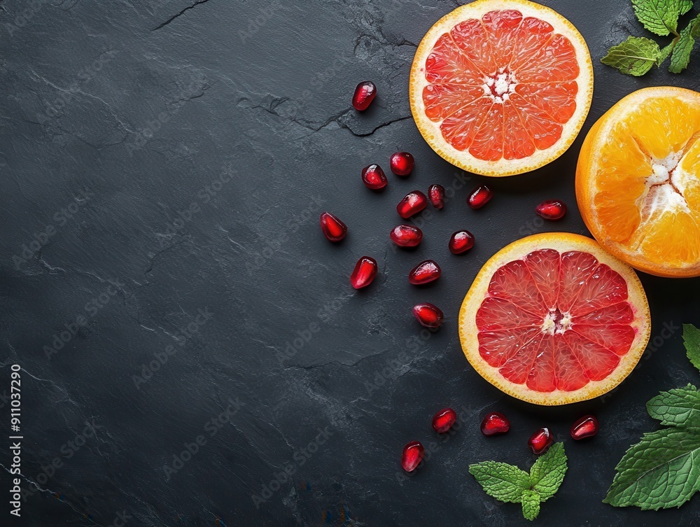 Poster orange slices with pomegranate seeds and grapefruit with mint on black stone desk with empty space i