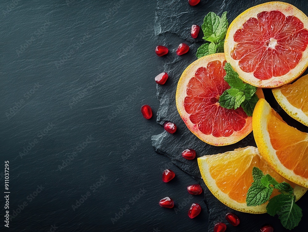 Poster orange slices with pomegranate seeds and grapefruit with mint on black stone desk with empty space i