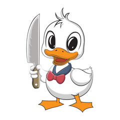 Obraz premium Cute baby cartoon duck with knife. Vector illustration art for tshirt merch.