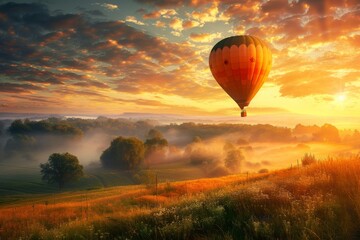 Obraz premium Hot Air Balloon Soaring Above a Misty Landscape at Sunset
