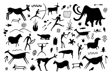 Cave painting on stone, ancient wall of prehistoric humans, animals, weapons. Primitive men and woman of tribe silhouette illustration. Vector caveman art background