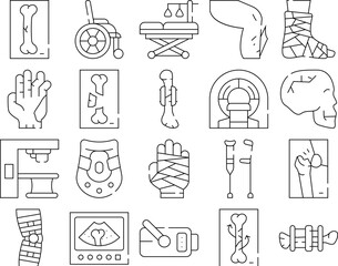 Fracture Accident Collection Icons Set Vector. Bone And Hand, Leg And Skull Fracture Trauma, Hospital Treatment Equipment And Rehabilitation Tool Black Contour Illustrations