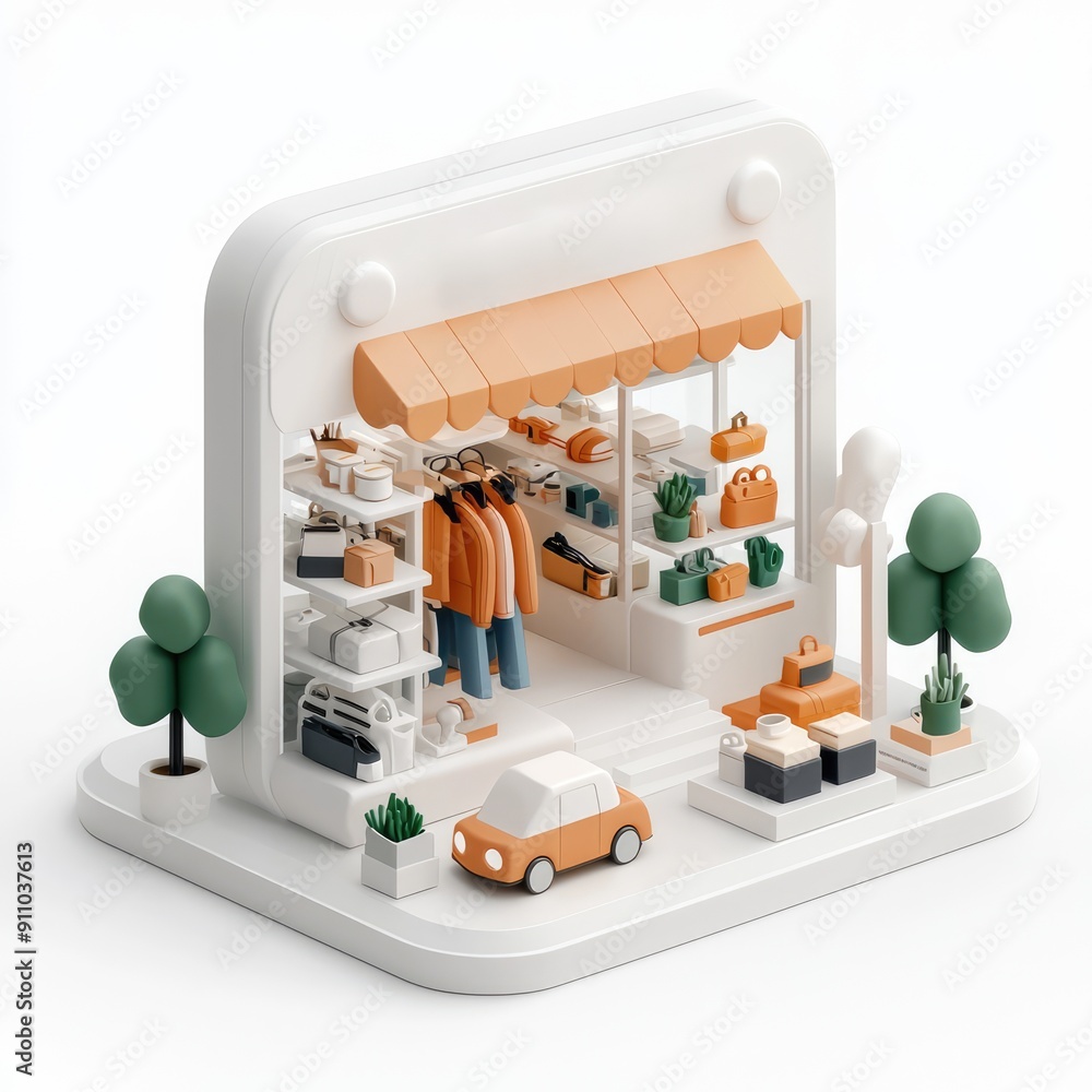 Aufkleber modern isometric 3d store interior with minimalist design and open concept in 32k resolution on whit