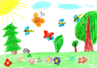 Child drawing butterfly and flowers nature. Pencil art in childish style