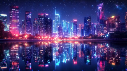 Fototapeta premium City Lights Reflecting on Calm River at Night - Stunning Urban Landscape Photography