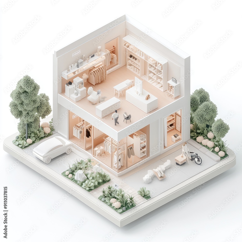 Aufkleber spacious minimalist store interior in 3d isometric view - high-quality architecture rendering on whi
