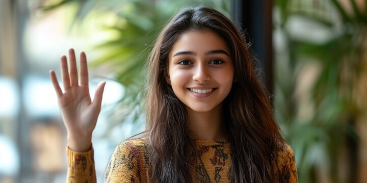 A young woman with long brown hair waving her hand in a gesture of invitation or greeting