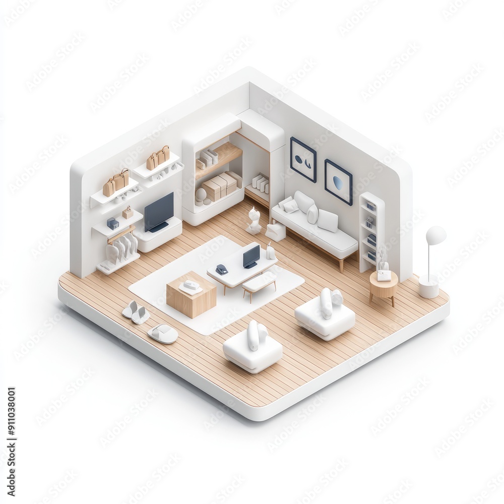 Poster modern open store with minimalist interior in isometric 3d view render, contemporary design concept 