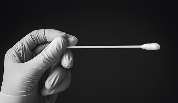 Hand holding a cotton swab for a cylinder swabs test in medical gloves, in a close-up view. A black and white photo of a laboratory environment