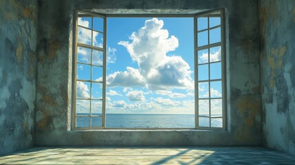 A window in a room with a view of the ocean and a cloudy sky