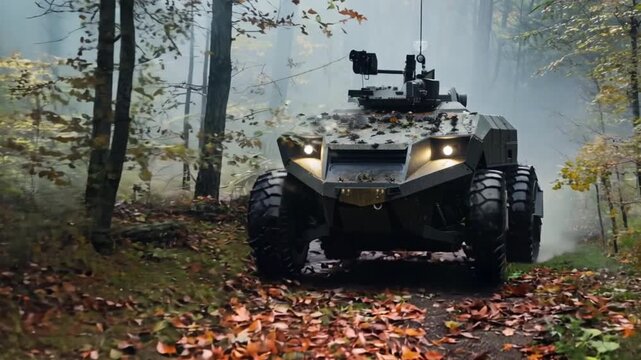 Autonomous armored vehicle - a small armored vehicle that can be controlled remotely. Install machine guns and CCTV cameras. moving through the forest