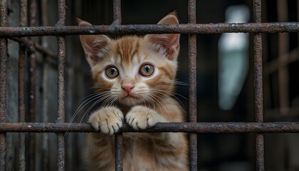 sad ginger kitten in cage, dirty and emaciated animal living conditions on the street .Ridiculous scene of sad cat being held by rusty bars , high resolution photography