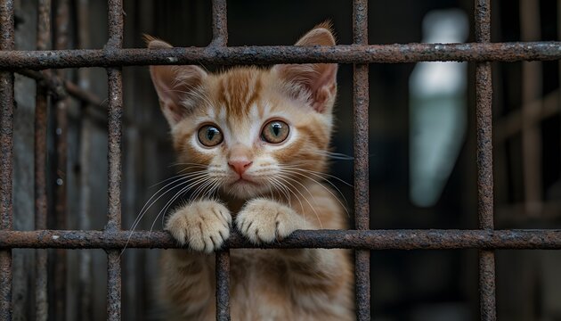 sad ginger kitten in cage, dirty and emaciated animal living conditions on the street .Ridiculous scene of sad cat being held by rusty bars , high resolution photography