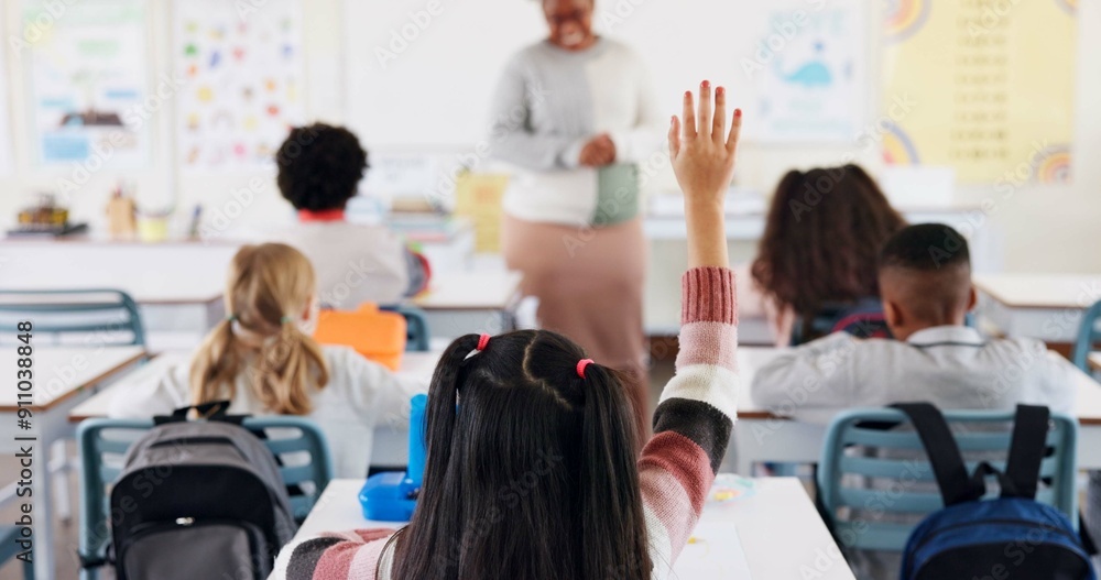 Poster students, classroom and kid with hand raised, questions and knowledge with book, practice and thinki