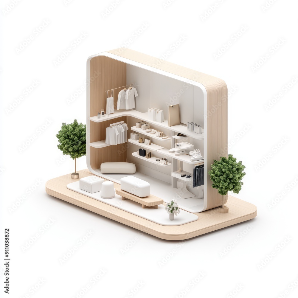Poster modern minimalist store interior in 3d isometric perspective | architectural rendering with sharp de