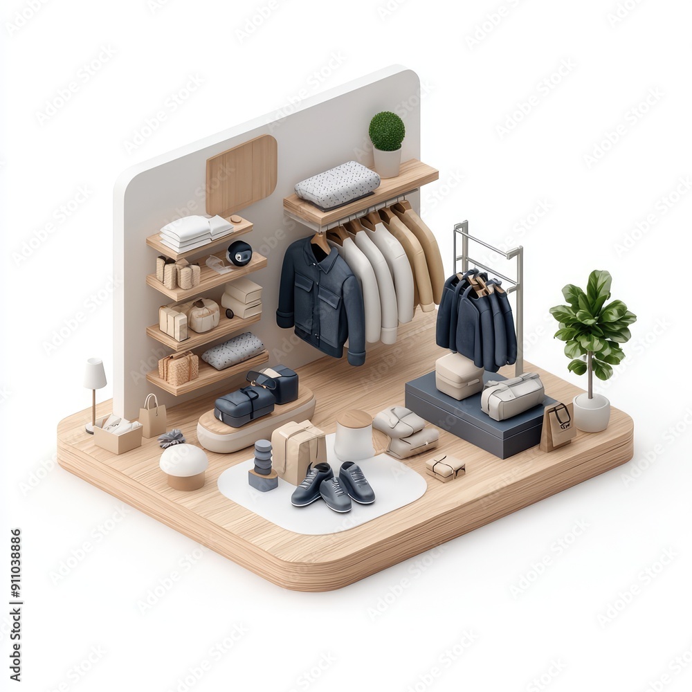 Poster contemporary 3d isometric store interior design with minimalist style and sharp detail on white back