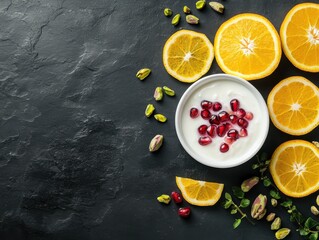 Pomegranate with yogurt and orange slices with pistachios on black stone desk with empty space in the center top view.