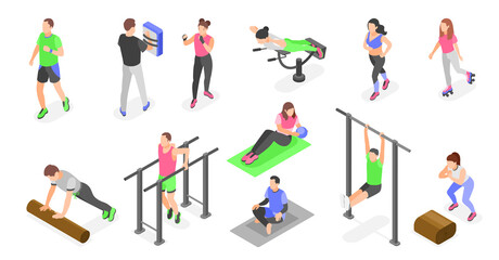 Outdoor training isometric cartoon set