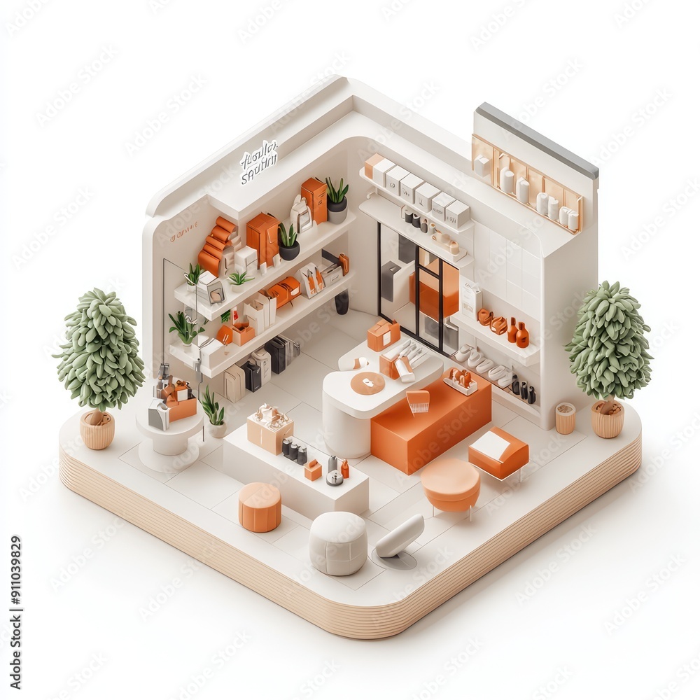 Poster minimalist isometric 3d store interior design on white background with sharpened detail in 32k resol