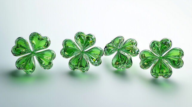 four clovers, 3D glass four-leaf clovers, four leaf clover isolated, A voluminous 3D four-leaf clover with transparent glass material