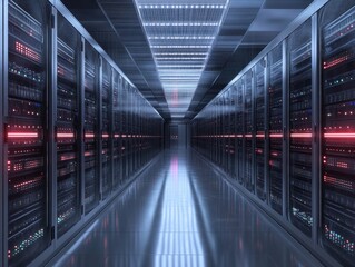 Fototapeta premium inside a magnificent data center with numerous servers and storage bays. The dominant color of the storage bays is blue