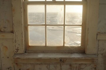 A Window with a View of a Distant Ocean, Seen from Inside an Abandoned Building