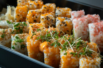 Delicious sushi rolls side by side in a black tray. Close up image with selective focus and shallow depth of field.