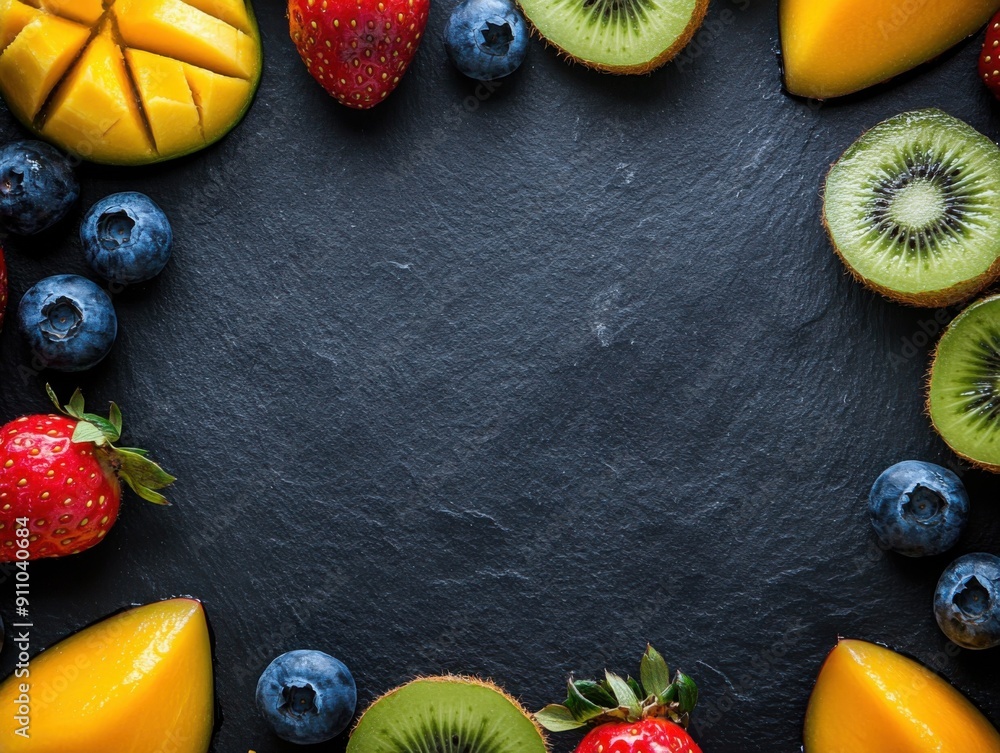 Aufkleber strawberries with blueberries and kiwi with mango on black stone desk with empty space in the center
