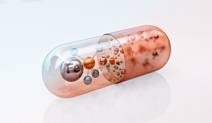 Iron supplement capsule for oral intake. Iron deficiency, anemia. Medication pill, medicine, healthcare, dietary vitamins, minerals, supplements medical concept. Wellness, therapy, pharmaceutical 3D