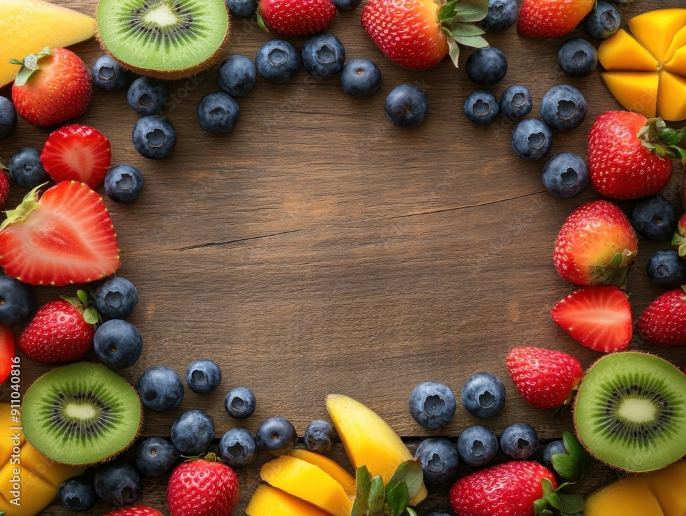 Poster strawberries with blueberries and kiwi with mango on wood desk with empty space in the center top vi