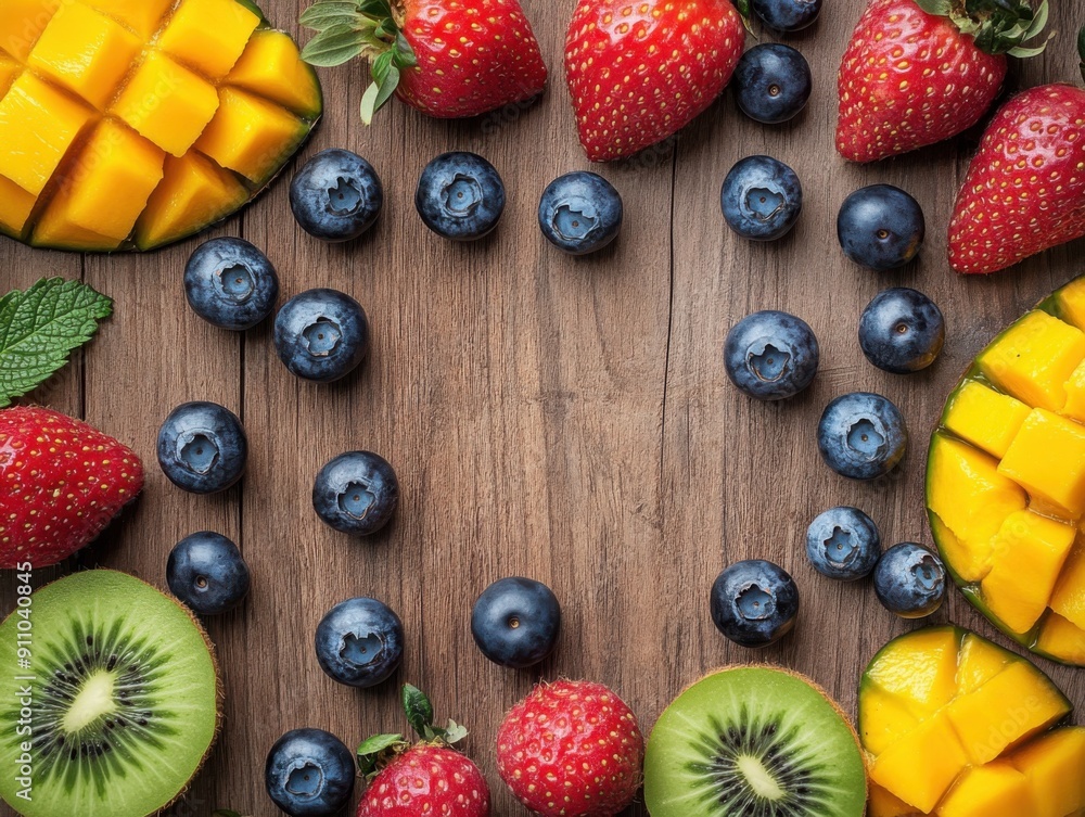 Poster strawberries with blueberries and kiwi with mango on wood desk with empty space in the center top vi