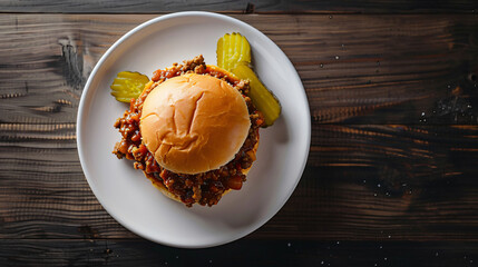 Sloppy joe sandwich served on a white plate with three dill pickles on a dark wooden table