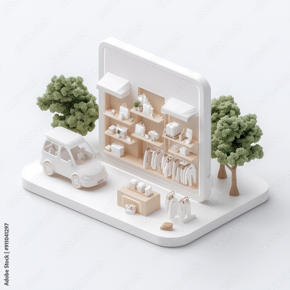 Poster modern minimalist store interior in 3d isometric style with sleek design and open layout, generate a